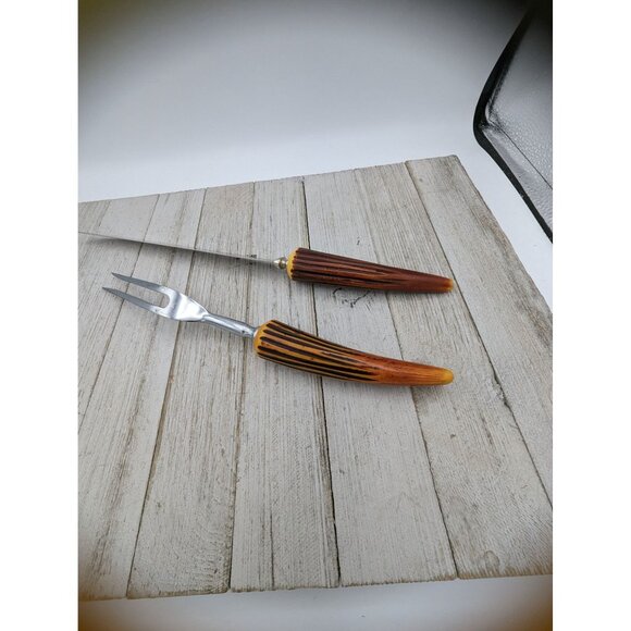 Vintage Forgecraft Set of 2 Carving Knife Meat Fork Stainless Steel Faux Antlers - Picture 7 of 8